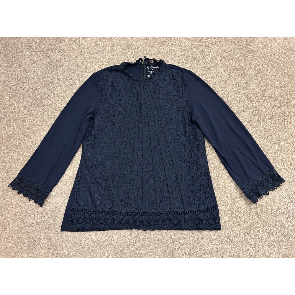 Chicos Lace Front Pintuck Top Womens Size 2 Navy Blue Excellent 3/4 Sleeve Mock